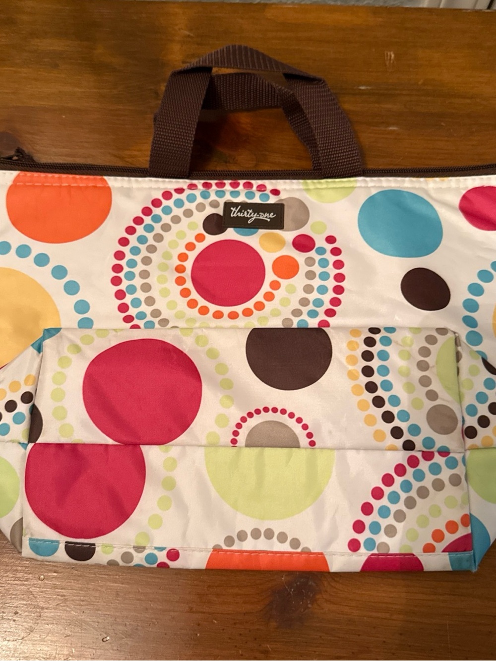 thirty-one Multicolor Dot Circle Tote with Brown Handles zipper closure